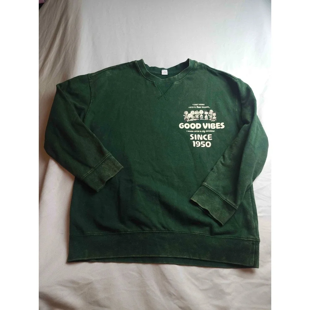 Old Navy Peanuts Records Good Vibes 1950 Sweatshirt Kids XL 14-16 Green Gorpcore